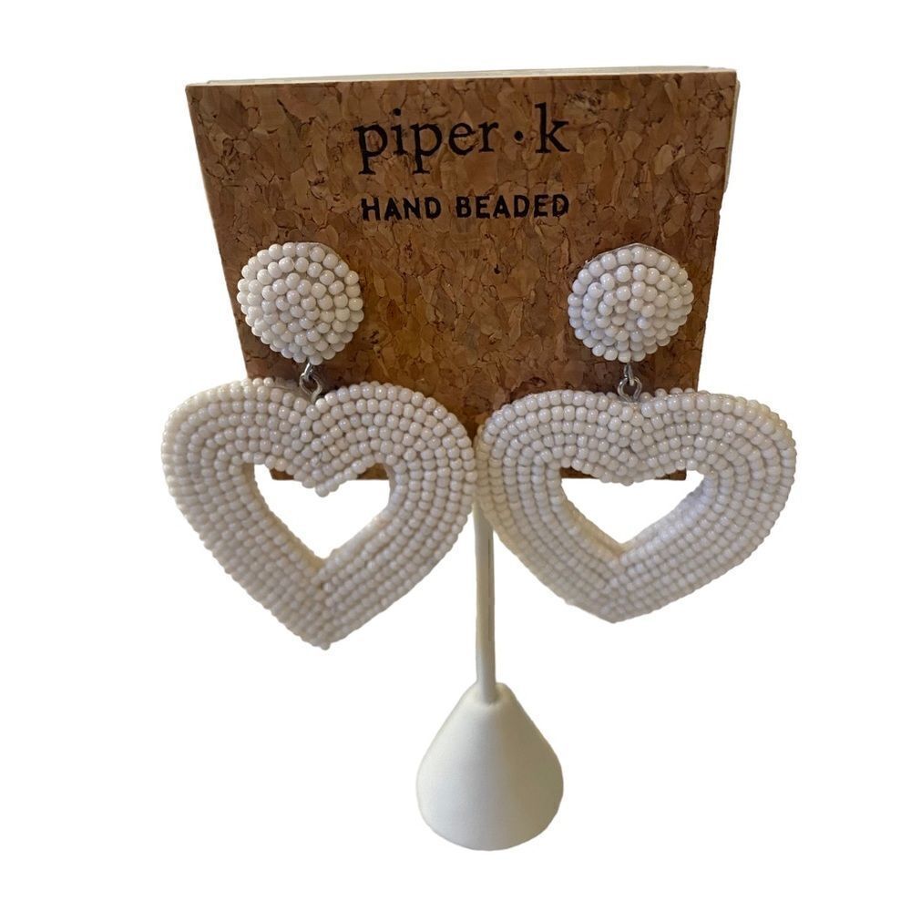 Piper.k Hand Beaded White Open Heart Drop Earrings.